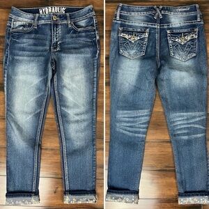 Hydraulic Embroidered Cuff Cropped Jeans - Size 6